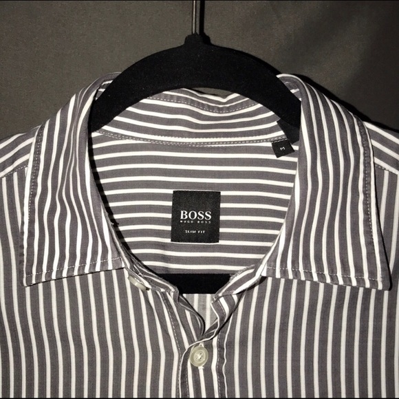 Hugo Boss gray and white striped button shirt - Picture 3 of 5